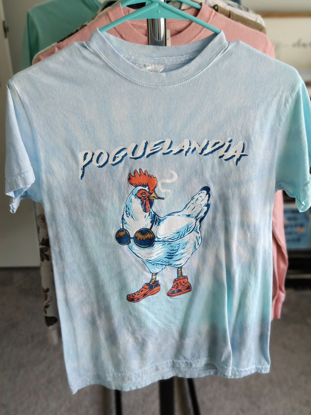 Poguelandia Light Blue Graphic Tee with Chicken Print